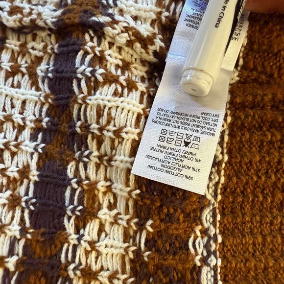 Lucky Brand Boho Knit Open Mustard Brown Cream Sweater SZ L Pockets Tribal Aztec - Picture 4 of 7